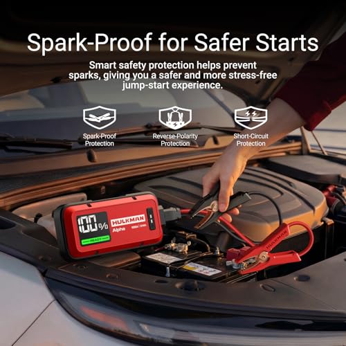 Hulkman Alpha,Ultra Red,1000A 37Wh Jump Starter,10000mAh Power Bank, Portable,12V Jump Box with Jumper Cables,45-Min Full Recharge,24-Month Standby,Easy Start,IP65,LED Display,for 6.5L Gas/3.0L Diesel - style: 1000A&37Wh