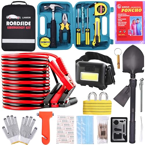 Emergency Roadside Kit for Car, Safety Kits for Cars With Jumper Cables | Premium Roadside Assistance Kit for Cars Headlamp Folding Shovel Safety Hammers Tow Rope Gifts for New Drivers Car Tool Kit - color: gray