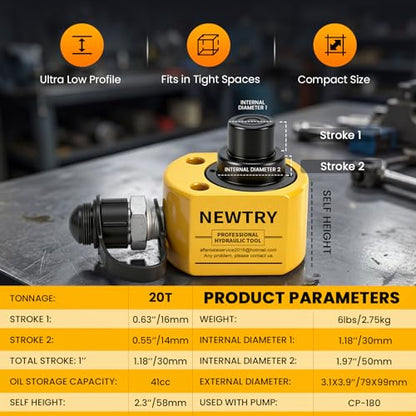 NEWTRY Hydraulic Ram Jack 20T Hydraulic Cylinder Low Profile Ram Jack Multi-Section 1.2” Stroke Lifting Cylinder Mini, Portable for Machinery, Bridge, Construction - size: 20T
