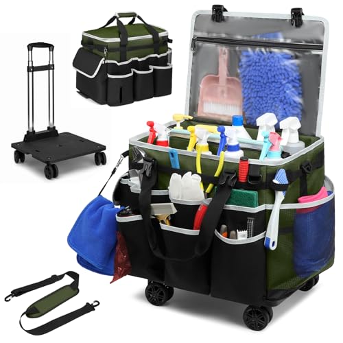 Large Rolling Cleaning Caddy Bag with Detachable Trolley, Full Support Plates for Professional Cleaning Supplies Bag, Organizer Bag with 4 Universal Wheels for Housekeepers, Car Wash (Green) - color: Green