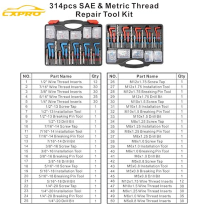 314Pcs Thread Repair Kit, Metric Helicoil Repair Kit with HSS Drill Bits Inserts Taps Break Off Tools: M5 M6 M8 M10 M12, SAE Helicoil Kit: 1/4" 5/16" 3/8" 7/16" 1/2"