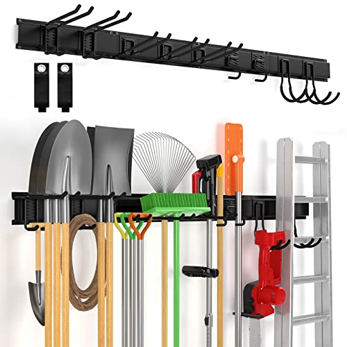 64" Wall Mount Tool Storage Rack, 15 PCS Heavy Duty Steel Yard Garden Tool Organizer, Garage Tool Organizer Wall Mounted Storage System Hold Up to 550lbs, with 2 Extension Cord - size: 64 Inch 1.0