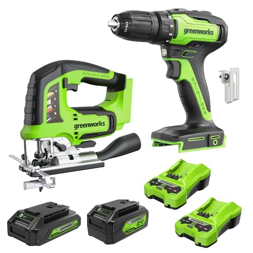 Greenworks 24V Brushless Cordless 2-pcs Combo Kit: 310 in./lbs Drill Driver, 1" Jig Saw, Brushless Motor, (1) 4.0Ah and (1) 2Ah Battery + (2) 2A Fast Charger Included - size: 2PCS Combo Kits(Drill+Jig Saw)