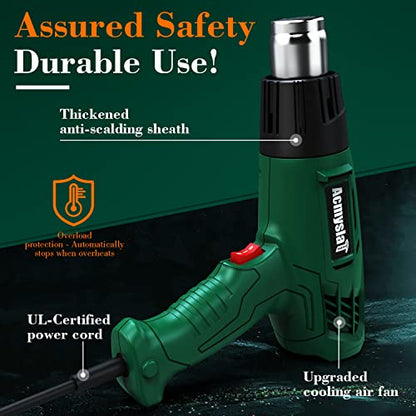 Heat Gun, Heavy Duty Hot Air Gun Kit Dual Temperature Settings 572℉~932℉ (300℃-500℃), Overload Protection with 4 Nozzles for Crafts, Shrink Wrapping/Tubing, Paint Removing, Epoxy Resin - color: Green