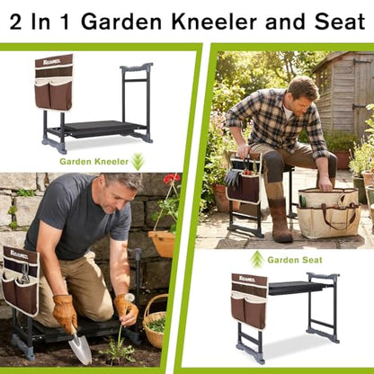 Garden Kneeler and Seat with Umbrella, 2-in-1 Foldable Gardening Stool with Adjustable Bracket, Detachable Tool Bags, Heavy Duty Kneeling Pad for Gardening (Brown) - color: Beige & Brown