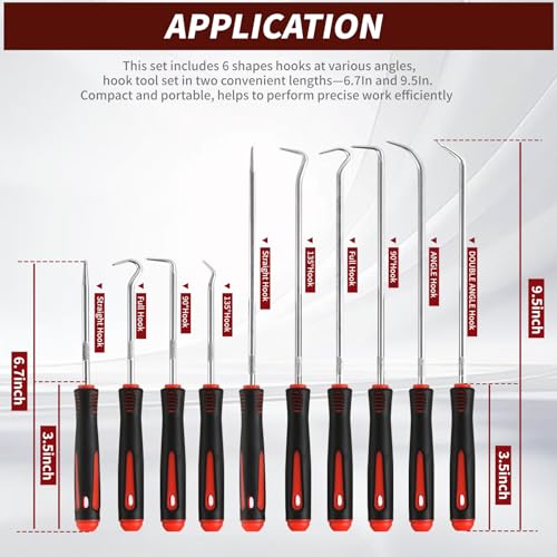 Hook and Pick Set – 10PCS Precision Pick Tools with Non-Slip Grip | for Automotive, O-Ring, Seal & Gasket Removal, Mechanical and DIY Use tool set, Picks Precision Hooks Puller Remover Tools - color: red