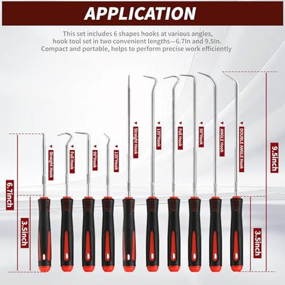Hook and Pick Set – 10PCS Precision Pick Tools with Non-Slip Grip | for Automotive, O-Ring, Seal & Gasket Removal, Mechanical and DIY Use tool set, Picks Precision Hooks Puller Remover Tools - color: red