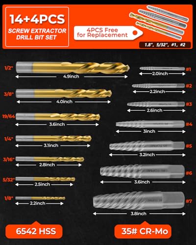 18 Piece Easy Out Screw Extractor Set and Left-Hand Drill Bit Set | Stripped Screw Extractor Set for Removing Damaged Screws, Broken Bolts, Studs - color: 18 Pieces