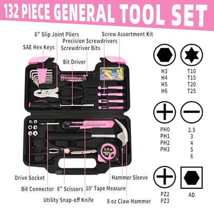 HANGYING 132-Piece Home Tool Kit for Women with Plastic Toolbox Pink | All Purpose Home Repair Tool Set with Storage Case, Women Small Tool Kit, Garage Office College Dorm & DIY Projects Use - color: Light Pink
