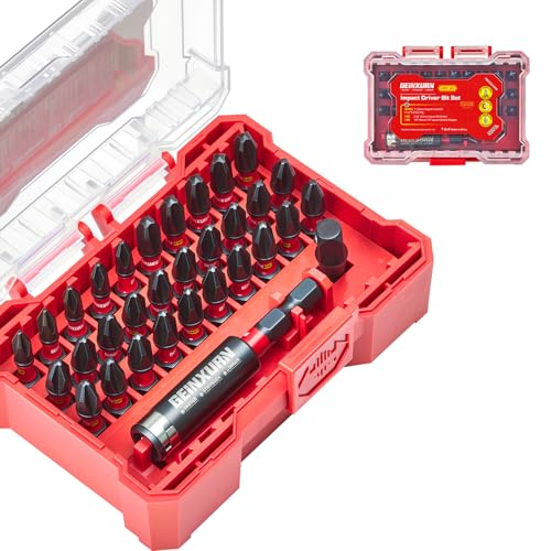 Geinxurn 32Pieces Impact Screwdriver Bits Set, S2 Steel Magnetic Phillips Muliti Insert Bits Tips Set with Impact Bit Holder and 1/4”Socket Adapter(Red Storage Box Case) - style: FQ032025-BRD