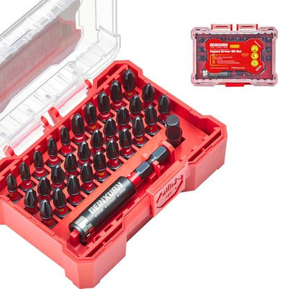 Geinxurn 32Pieces Impact Screwdriver Bits Set, S2 Steel Magnetic Phillips Muliti Insert Bits Tips Set with Impact Bit Holder and 1/4”Socket Adapter(Red Storage Box Case) - style: FQ032025-BRD
