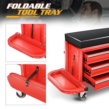 Magshion 3-Drawer Rolling Tool Chest, Mechanic Seat on Wheels with Drawers, Side Tool Tray & Rear Rack for Garage, Warehouse & Repair Shop, 350 Lbs Max Weight Capacity, Red - color: Red
