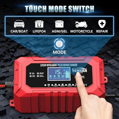 YONHAN 15A Battery Charger, 12V/24V LiFePO4 & Lead Acid Car Battery Charger, 9-Stage Trickle Charger with Temp Compensation, Automotive Battery Maintainer for Car Truck Motorcycle Lawn Mower Boat(Red)