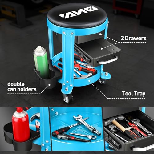 DNA Motoring Round Mechanics Roller Seat Creeper Stool with Padded Cushion, Tool Storage Drawer & Tray, 300 Lbs Max Weight Capacity, Blue, TOOLS-00492 - color: Blue