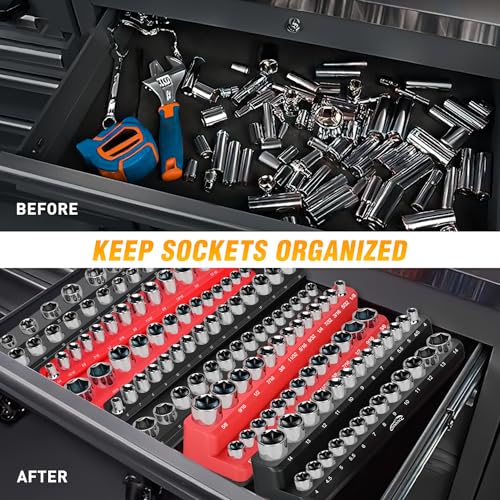 GOOACC Magnetic Socket Organizer Set, 6 Pieces Magnetic Socket Holder 1/2", 1/4", 3/8" Drive Metric & SAE Socket Tool Set, Socket Organizer Tray for Tool Box Drawer Holds 143 Standard Sockets - size: 6PCS SAE & Metric Red Black
