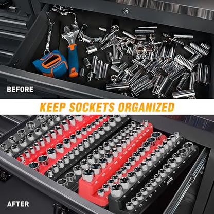 GOOACC Magnetic Socket Organizer Set, 6 Pieces Magnetic Socket Holder 1/2", 1/4", 3/8" Drive Metric & SAE Socket Tool Set, Socket Organizer Tray for Tool Box Drawer Holds 143 Standard Sockets - size: 6PCS SAE & Metric Red Black