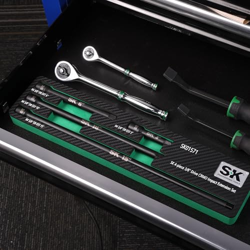 SK 3/8" Drive Impact Socket Extension Set, 3", 6", 10", 15", Cr-Mo Steel | 4-Piece Extension Bar Set, Black Manganese Phosphate Coating, with EVA Foam Storage Tray - size: 3/8-Inch Drive