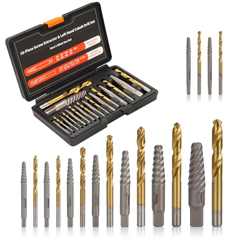 18Pcs Screw Extractor and Left Hand Drill Bit Set, Easy Out Broken Bolt Remover Reverse 6542/4341 HSS Steel Cobalt, Bolt Extractor Kit for Remove Stripped Screws, Damaged Bolts Studs - size: Upgarded Kit-18PCS