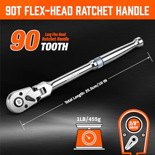 HORUSDY 3/8" Drive 90-Tooth Flex Head Ratchet Handle, 180° Adjustable CR-V Ratchet with Quick Release & Reversible Switch, 4° Swing Arc Socket Wrench for Automotive, Bike & DIY Repair - style: 3/8" Drive Flex Head Ratchet