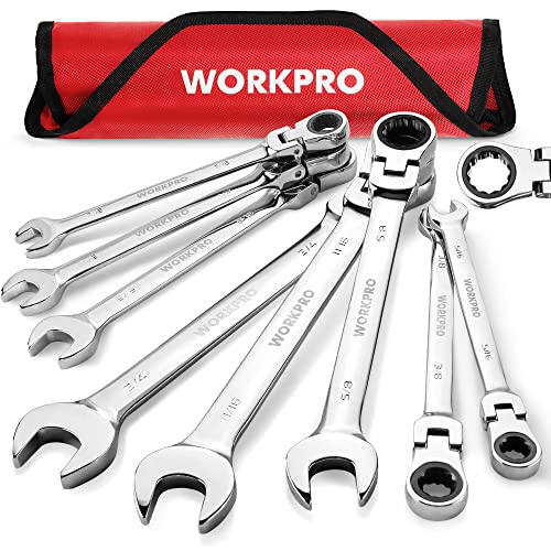 WORKPRO Ratcheting Combination Wrench Set, 8-piece Flex-Head Anti-Slip Set Metric 8-17 mm, 72-Teeth, Cr-V Constructed, Black Electrophoretic Coating with Rolling Pouch - size: SAE, style: Mirror Polished