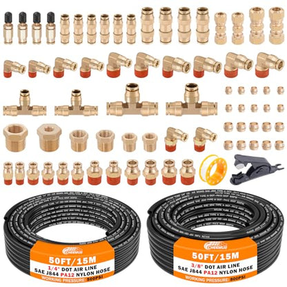 CheeMuii 72 PCS Brass DOT Air Line Fittings with 50FT 1/4" and 50FT 3/8" DOT Air Line Kit Push Lock Air Fitting Quick Connect & NPT Thread Fittings with Pneumatic Tubing - size: 2ROLL-76PCS