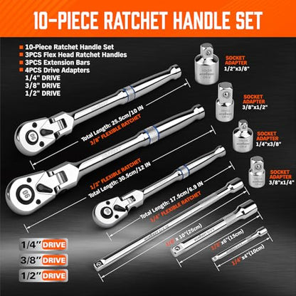 10-Piece Flex-Head Ratchet Set, 1/4", 3/8" & 1/2" Drive Socket Wrenches, 90-Tooth Quick-Release Reversible Low-Profile, Extension Bars (4", 10", 6") & 4 Adapters for Automotive, Bike, and Home Repair - style: 10pcs Ratchet Set