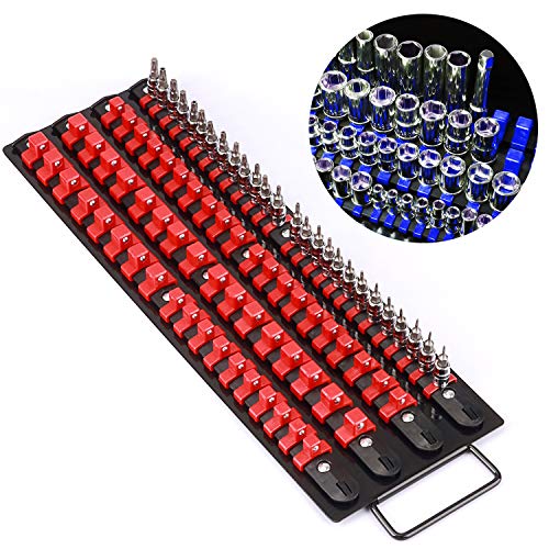 CASOMAN 80-Piece Portable Socket Organizer Tray, 2 Pcs Set, Blue & Red, 1/4-Inch, 3/8-Inch, 1/2-Inch,Heavy Duty Socket Organizer, Black Rails, Blue & Red Clips