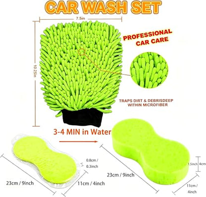 3 PCS Microfiber Car Wash Mitt, Microfiber Chenille Car Wash Sponge Glove for Car Washing and Detailing Scratch-Free, Lint-Free, Foam Gun, and Absorbent, Foam Scrubber, Cleaning Supplies