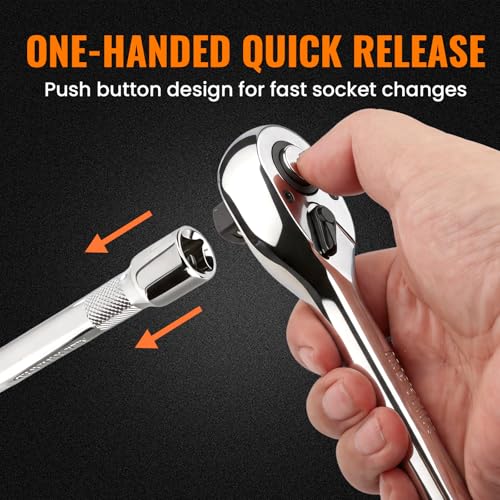 3/8" Drive Ratchet Wrench Set, 90T Quick-Release Reversible Ratchet, Cr-Mo Steel with 6" Extension Bar for Automotive & Home Repair - size: 3/8"