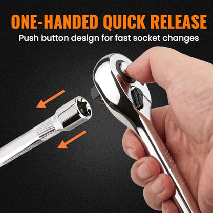 3/8" Drive Ratchet Wrench Set, 90T Quick-Release Reversible Ratchet, Cr-Mo Steel with 6" Extension Bar for Automotive & Home Repair - size: 3/8"