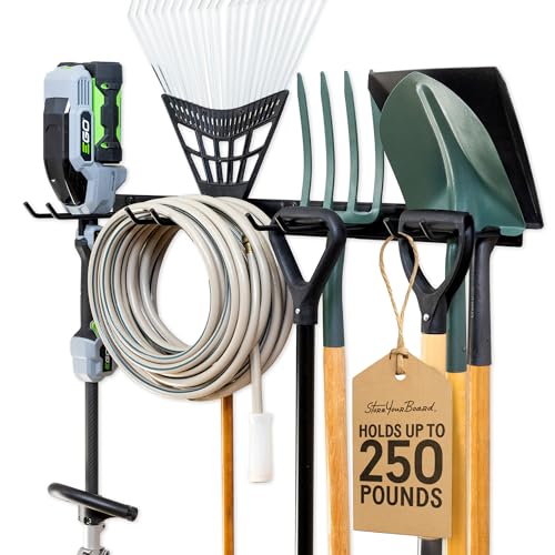 StoreYourBoard 36" Garage Tool Organizer Wall Mount | Garden Tool Organizer System | Heavy Duty Garden Tool Storage Rack for Yard Tools Rakes Shovels 250lbs Garage Organization | 4 PVC Coated Hooks - color: BLACK, size: 36" Heavy Duty Steel Rack | 4 Hooks