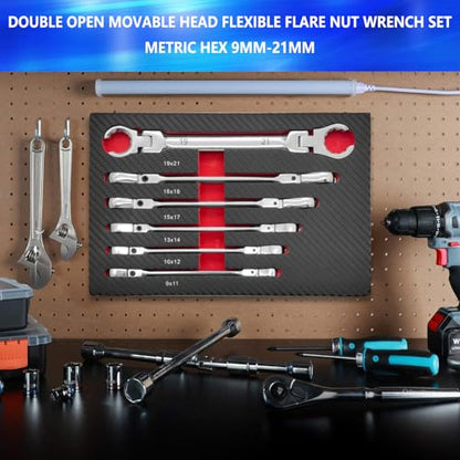 ZKTOOL 6PCS Double Open Movable Head Flexible Flare Nut Wrench Set, Metric Wrench Set 9-21mm, 180 Degree Rotating Head,Applicable to 6PT & 12PT, Kit For Most Of Compression Joint Fittingmovable
