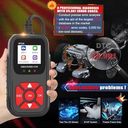 OBD2 Diagnostic Tool for All Vehicles from 1996 Onwards, Read & Solve Error Codes + Live Data Directly on the Display, Compatible with BMW, VW, Audi, Mercedes, CE Certified & Plug & Play - color: VP316
