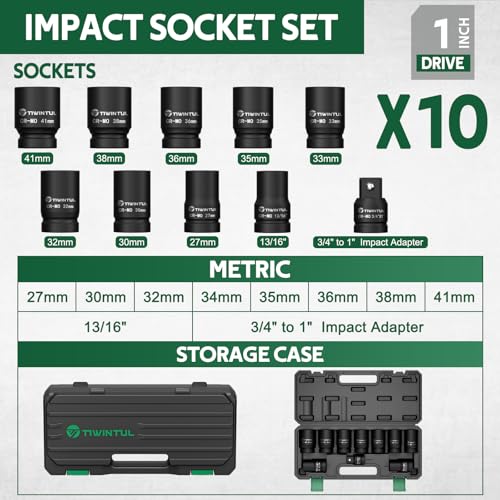 1 Inch Drive Impact Socket Set, 6 Point, Metric,10pcs, 27–41mm | 42 CR-MO, Includes 3/4"F x 1"M Adapter & 13/16" Impact Socket, Heavy Duty Large Socket Set for Truck & Equipment Repair - size: 10 PCS