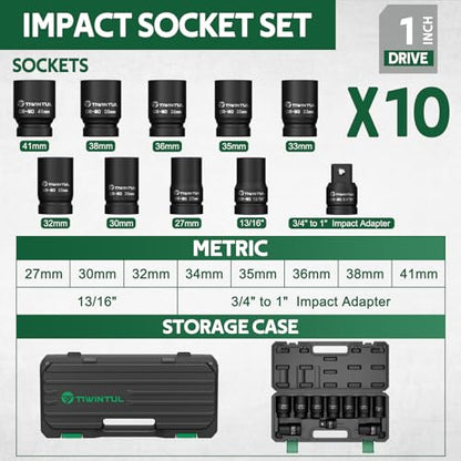1 Inch Drive Impact Socket Set, 6 Point, Metric,10pcs, 27–41mm | 42 CR-MO, Includes 3/4"F x 1"M Adapter & 13/16" Impact Socket, Heavy Duty Large Socket Set for Truck & Equipment Repair - size: 10 PCS