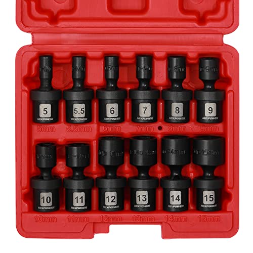 MIXPOWER 12 Pieces 1/4" Drive Metric Shallow Universal Impact Socket Set, CR-MO, Swivel Socket with Flexible Wobble, 5mm - 15mm - size: 12 Pcs Metric 1/4" Dr. (Shallow)