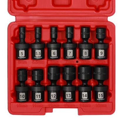 MIXPOWER 12 Pieces 1/4" Drive Metric Shallow Universal Impact Socket Set, CR-MO, Swivel Socket with Flexible Wobble, 5mm - 15mm - size: 12 Pcs Metric 1/4" Dr. (Shallow)