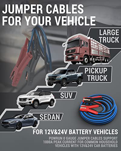 Powrun P025 Jumper Cables for 12/24V Car Battery, 1000A Heavy Duty Booster Cables with Carrying Bag, Jumper Cables Kit for Vehicles with up to 8.0 L Gas and 6.0L Diesel Engines