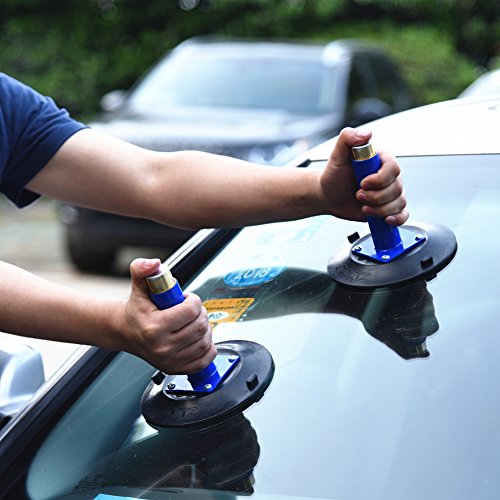 IMT 6" Vacuum Suction Cup Glass Lifter 2 Pack, Heavy Duty Vertical Hand-held Cups for Flat to Curved Surfaces, Metal Handle and Brass Pump, with Protective Cover - color: Blue