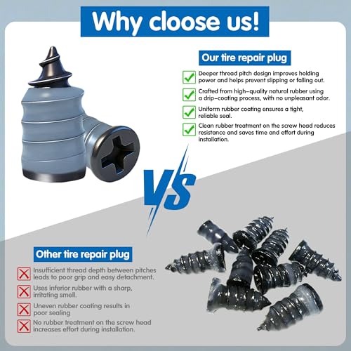 60 PCS Tire Repair Rubber Nails Kit Screw-in Tire Plugs for Tubeless Tisres | Fast Emergency Tire Repair Tool for Cars Motorcycles Trucks SUVs and Bikes, 2 Sizes for Quick and Easy Tire Puncture Repair