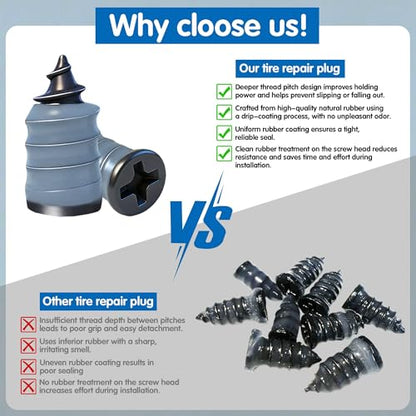 60 PCS Tire Repair Rubber Nails Kit Screw-in Tire Plugs for Tubeless Tisres | Fast Emergency Tire Repair Tool for Cars Motorcycles Trucks SUVs and Bikes, 2 Sizes for Quick and Easy Tire Puncture Repair