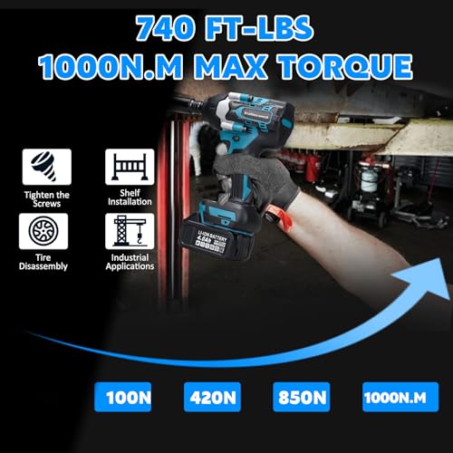 Cordless Impact Wrench 740Ft-lbs (1000N.m) Brushless 1/2" High Torque Electric Impact Gun/Drill with 21V 4.0Ah Battery,6 Sockets, 8 Drill, 6 Screws,Work for Car/Mower/DIY Woodworking