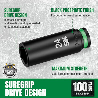 SK 1/2" Drive Impact Socket Set, 30-Piece Metric Sockets, CR-MO Steel | Deep 10mm to 24mm, Shallow 8mm to 24mm, SureGrip 6 Point Design, With Storage Case - size: 1/2"