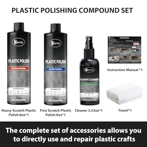 Plastic Polish Cleaner Kit, Removes Scratches & Scuffs | Plastic Scratch Remover 13.52oz and Cleaner 3.38oz, Ultra Fine Scratch Remover for Acrylic Surfaces