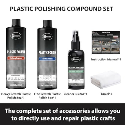Plastic Polish Cleaner Kit, Removes Scratches & Scuffs | Plastic Scratch Remover 13.52oz and Cleaner 3.38oz, Ultra Fine Scratch Remover for Acrylic Surfaces