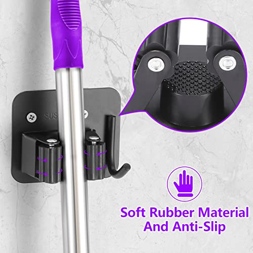 Stainless Steel Broom Holder, Heavy Duty, Rust Resistant, 4 Gripper Positions with 4 Hooks, Black | Drill-Mounted Gripper Rack Holds Brooms, Mops and Garden Tools Safely in the Laundry Room, Kitchen, Garage, Garden and Shed - color: Black