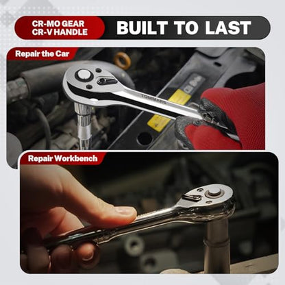TOMMARS Ratchet Set 1/4" 3/8" 1/2" Drive Socket Wrench Mechanic Hand Tool | 72 Tooth 5-degree swing arc, Quick Release, Reversible - size: 1/4", 3/8", 1/2" Drive, style: Ratchet Set