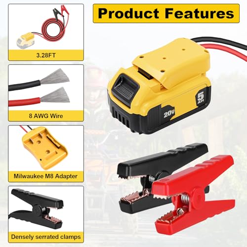 Jumper Cable Clamps for DeWalt 20V Battery Jump Starter, 3.28FT 8AWG Heavy Duty Car Battery Jumper Cable with Adapter for DeWalt, Portable Automotive Battery Booster Cable with Storage Case - size: 3.28 Ft