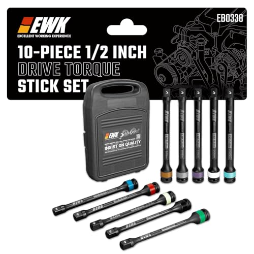 EWK 10-Piece 1/2 Inch Drive Torque Stick Set, 65-150 Ft-lbs Torque Limiting Extension Bars, 8 Inch Long Color-Coded for Lug Nut Installation, Tire Rotation, and Wheel Service - size: 10pcs Set