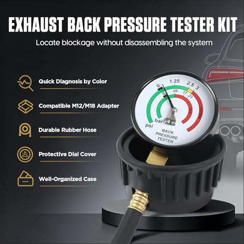 Exhaust Back Pressure Tester Kit M12 M18 6ft Hose Clamps Case | Exhaust back pressure gauge kit, M12 M18 adapters, 6ft hose clamps storage case for car truck motorcycle diagnosis